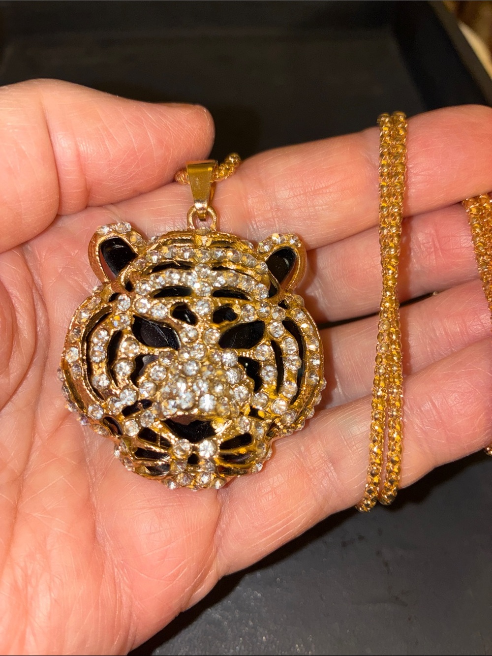 Tiger Head Pendant Necklace with Black Enamel and Crystals